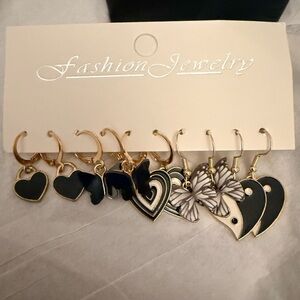 Gold and Black Earring Set with Butterfly and Heart Designs